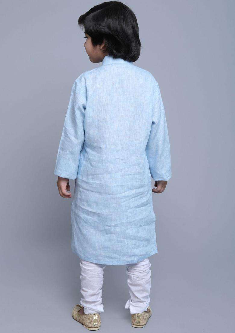 Blue Embroidered Linen Kurta Set For Boys - Indya