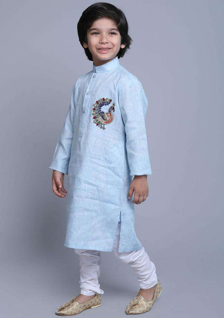 Blue Embroidered Linen Kurta Set For Boys - Indya