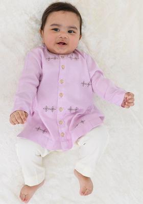 Purple Embroidered Viscose Kurta Set For Boys