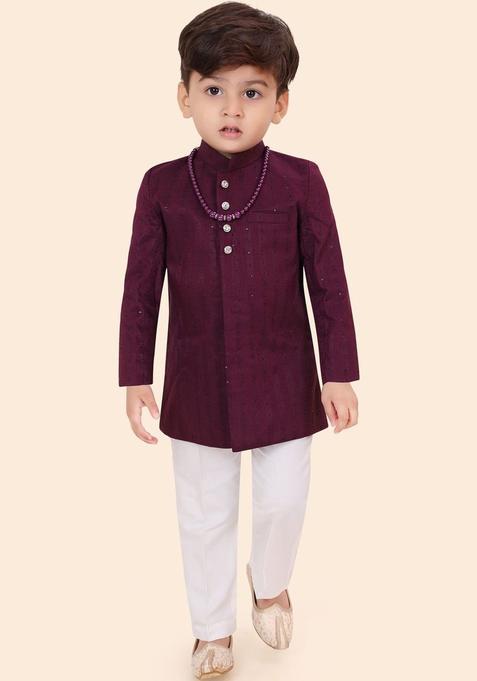 Maroon Woven Design Silk Kurta Set For Boys — view on Indya