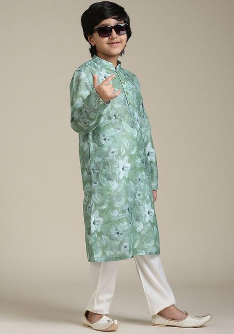 Green Printed Viscose Kurta Set For Boys — view on Indya