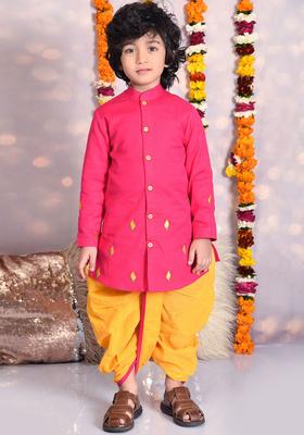 Pink Embroidered Cotton Kurta Set For Boys