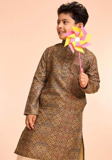 Green Printed Cotton Kurta Set For Boys — view on Indya
