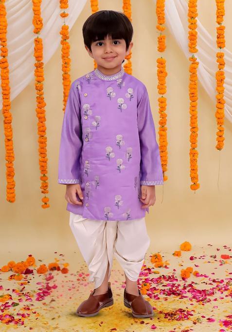 Purple Printed Chanderi Kurta Set For Boys — view on Indya