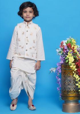 Cream Woven Design Silk Kurta Set For Boys