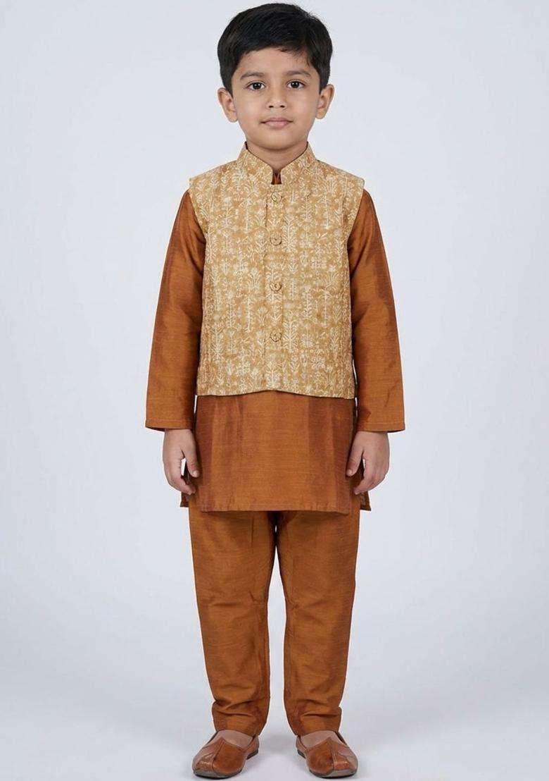 Brown Solid Cotton Kurta Set For Boys - Indya
