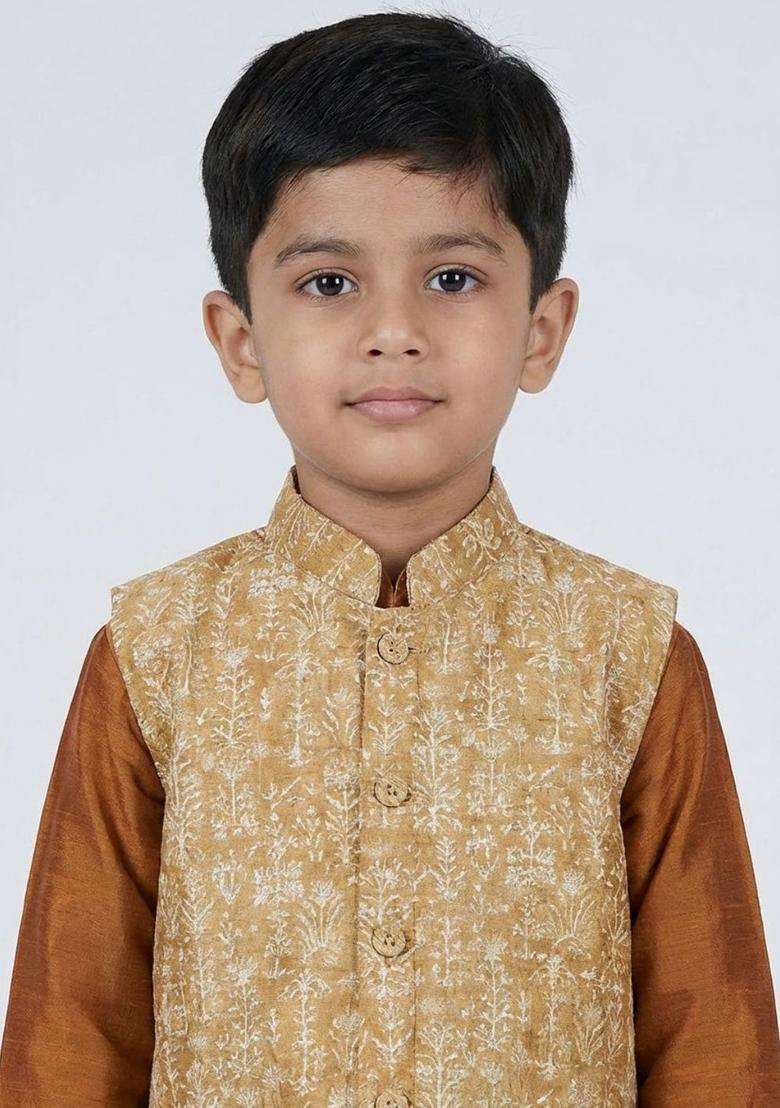 Brown Solid Cotton Kurta Set For Boys - Indya