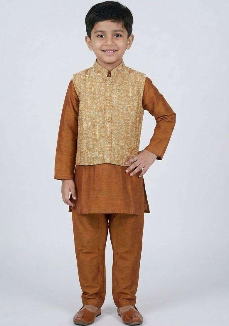 Brown Solid Cotton Kurta Set For Boys - Indya