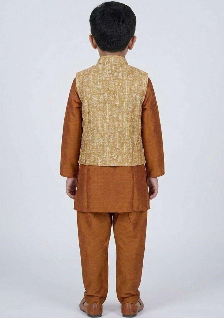 Brown Solid Cotton Kurta Set For Boys - Indya