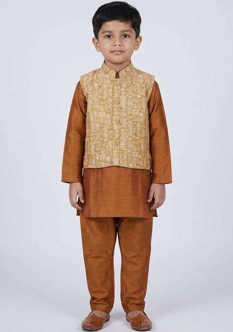 Brown Solid Cotton Kurta Set For Boys
