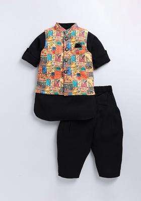 Black Solid Polyester Kurta Set For Boys