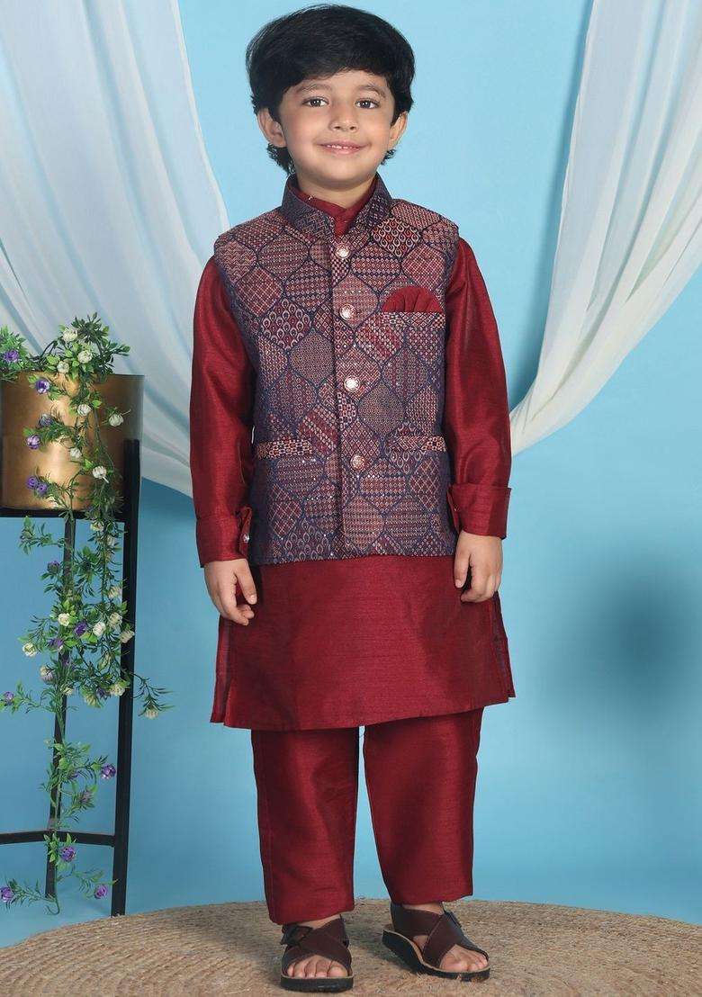 Maroon Solid Silk Kurta Set For Boys - Indya