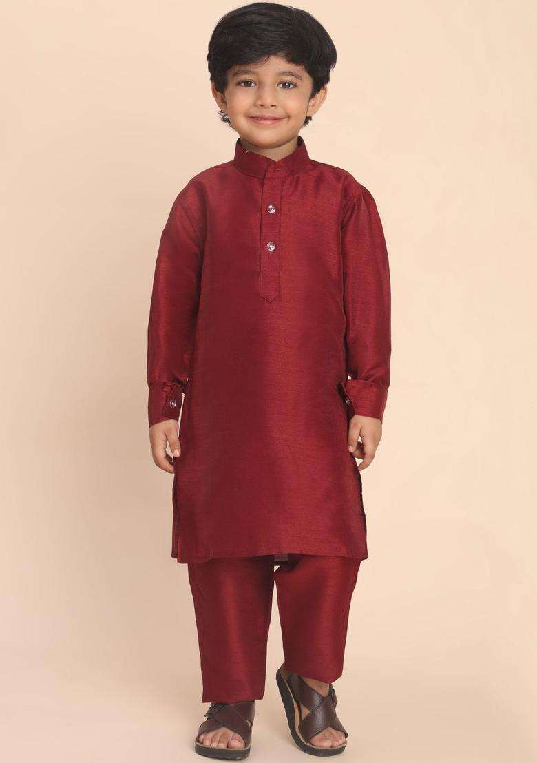 Maroon Solid Silk Kurta Set For Boys - Indya