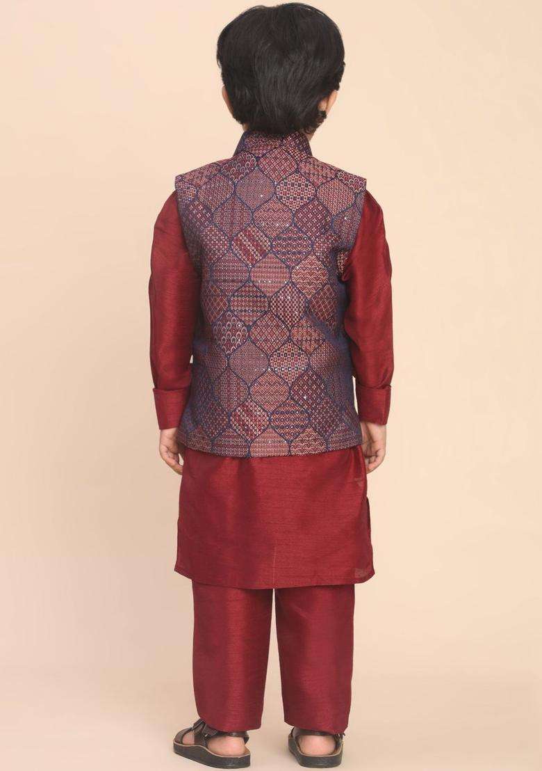 Maroon Solid Silk Kurta Set For Boys - Indya