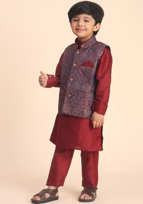 Maroon Solid Silk Kurta Set For Boys — view on Indya