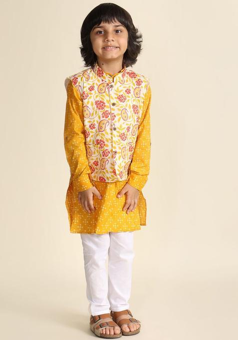 Yellow Printed Cotton Kurta Set For Boys — view on Indya