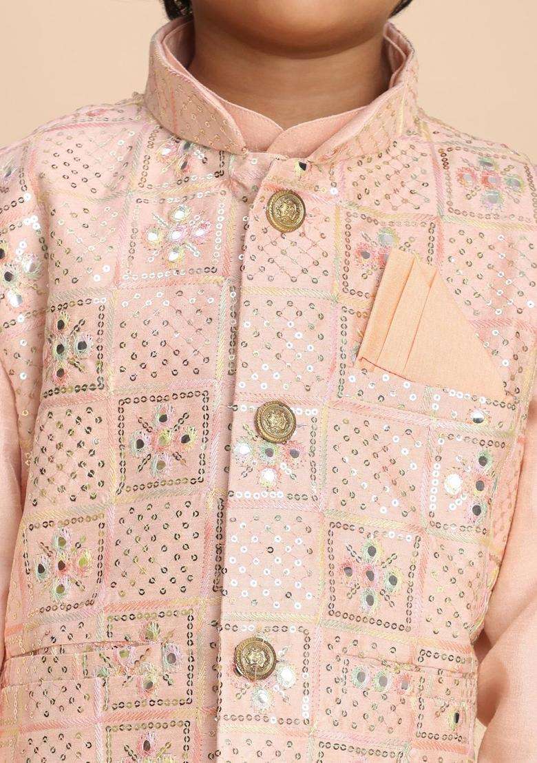 Peach Solid Silk Kurta Set For Boys - Indya