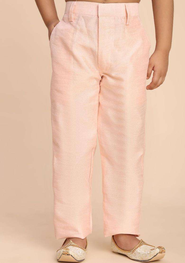 Peach Solid Silk Kurta Set For Boys - Indya