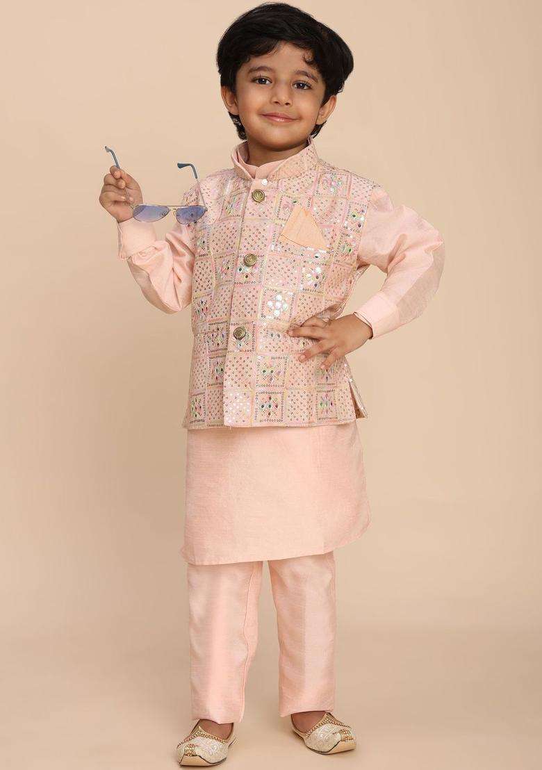 Peach Solid Silk Kurta Set For Boys - Indya