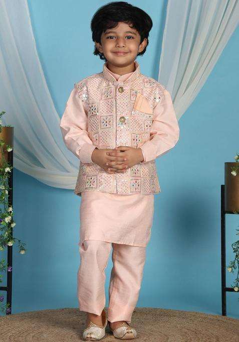 Peach Solid Silk Kurta Set For Boys