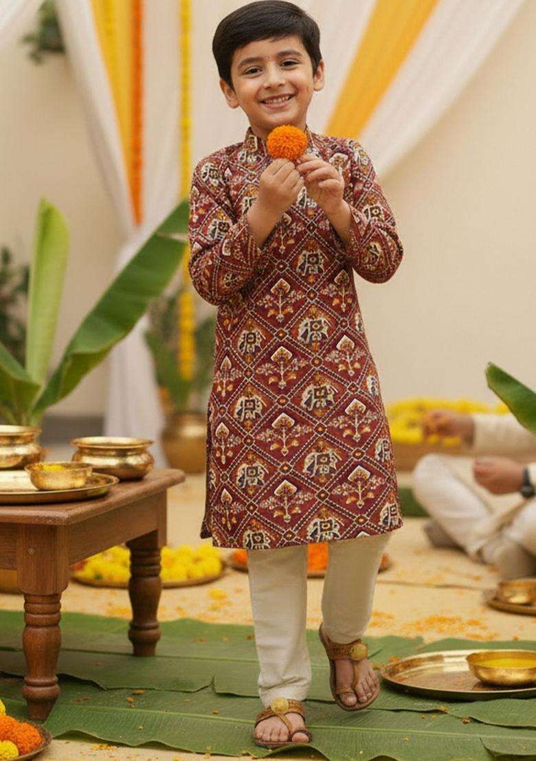 Brown Printed Cotton Kurta Set For Boys - Indya