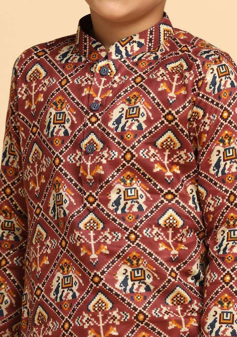 Brown Printed Cotton Kurta Set For Boys - Indya