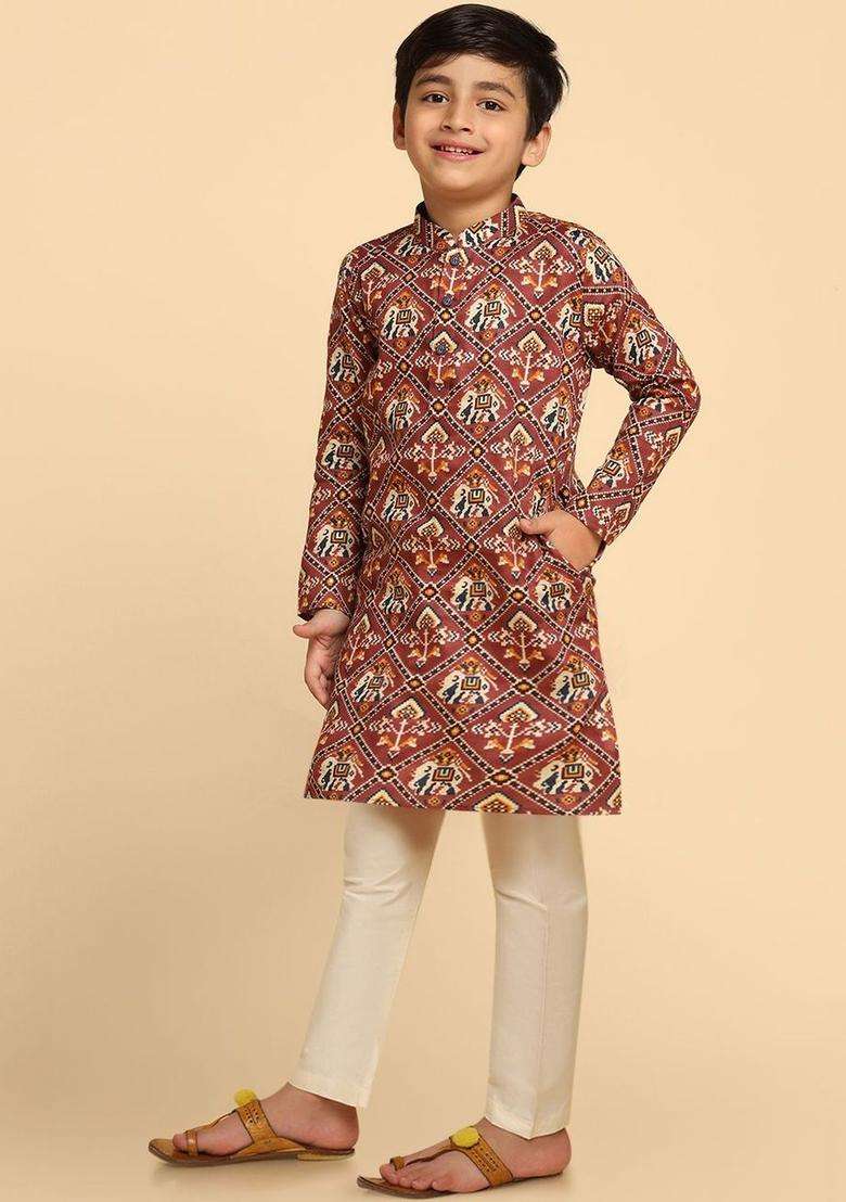 Brown Printed Cotton Kurta Set For Boys - Indya