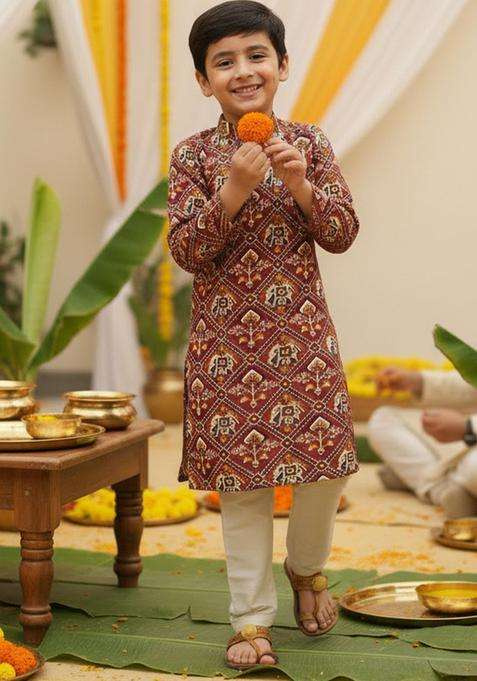 Brown Printed Cotton Kurta Set For Boys