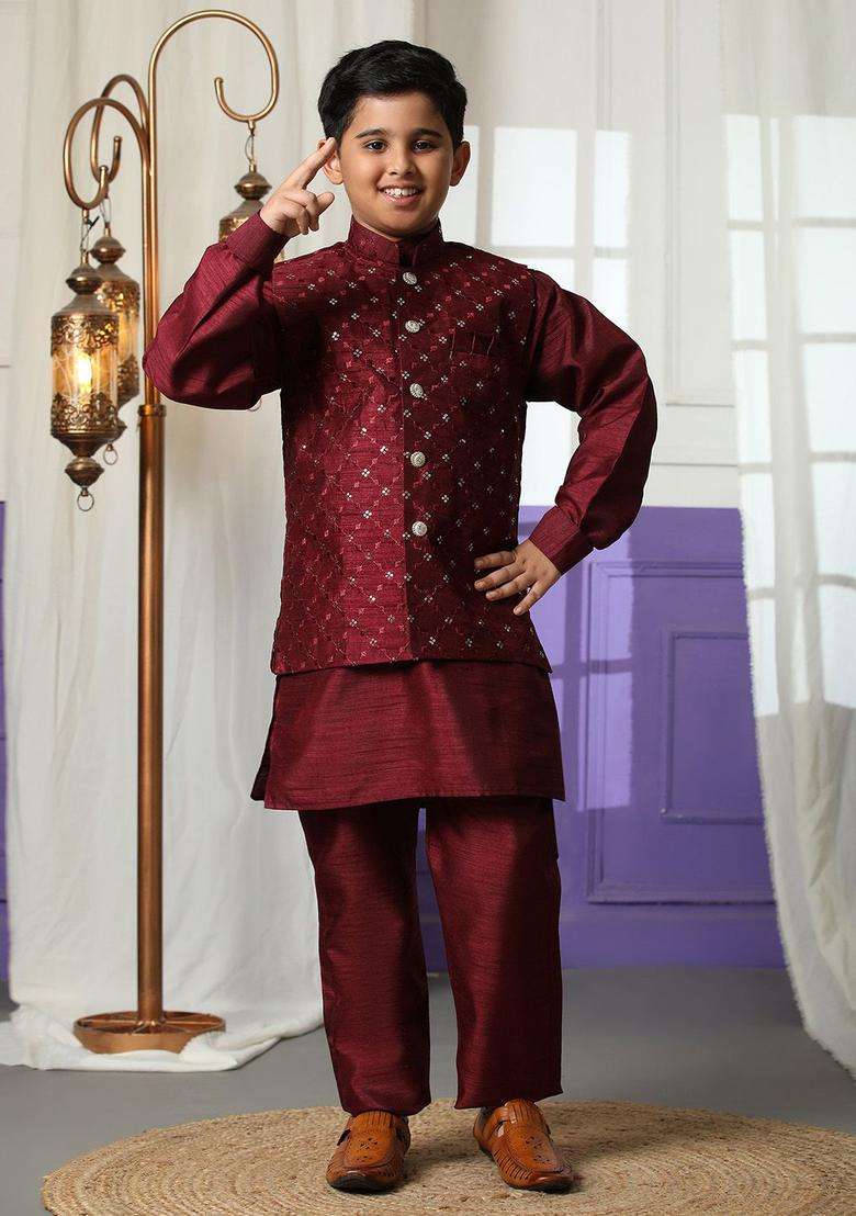 Maroon Self Design Silk Kurta Set For Boys - Indya