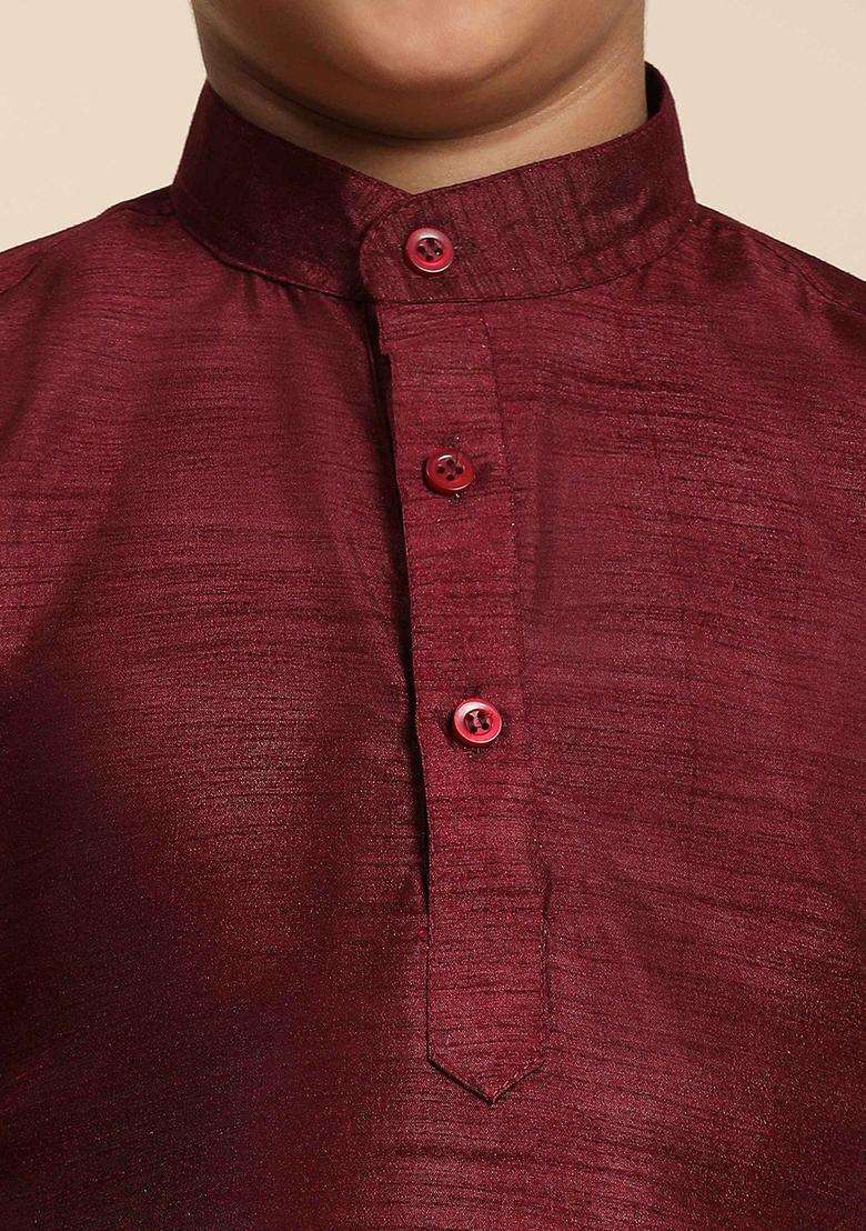 Maroon Self Design Silk Kurta Set For Boys - Indya