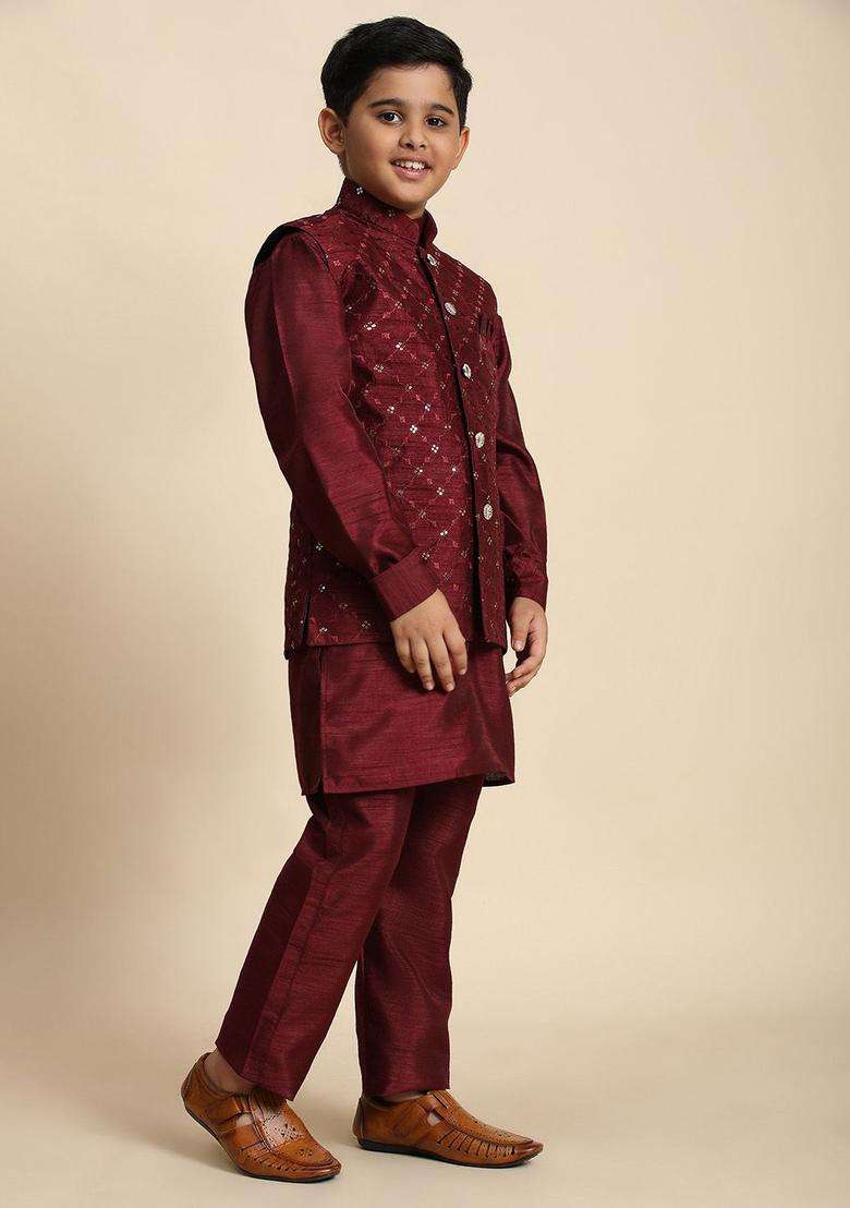 Maroon Self Design Silk Kurta Set For Boys - Indya
