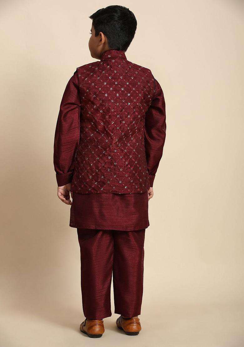 Maroon Self Design Silk Kurta Set For Boys - Indya