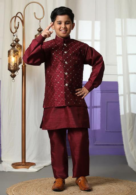 Maroon Self Design Silk Kurta Set For Boys — view on Indya