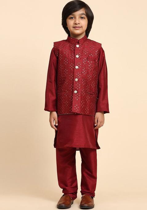Maroon Solid Silk Kurta Set For Boys — view on Indya