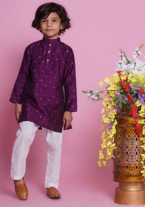 Purple Woven Design Silk Kurta Set For Boys — view on Indya