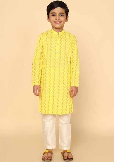 Yellow Printed Cotton Kurta Set For Boys — view on Indya