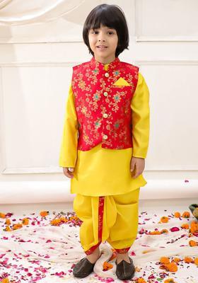 Red Solid Silk Kurta Set For Boys