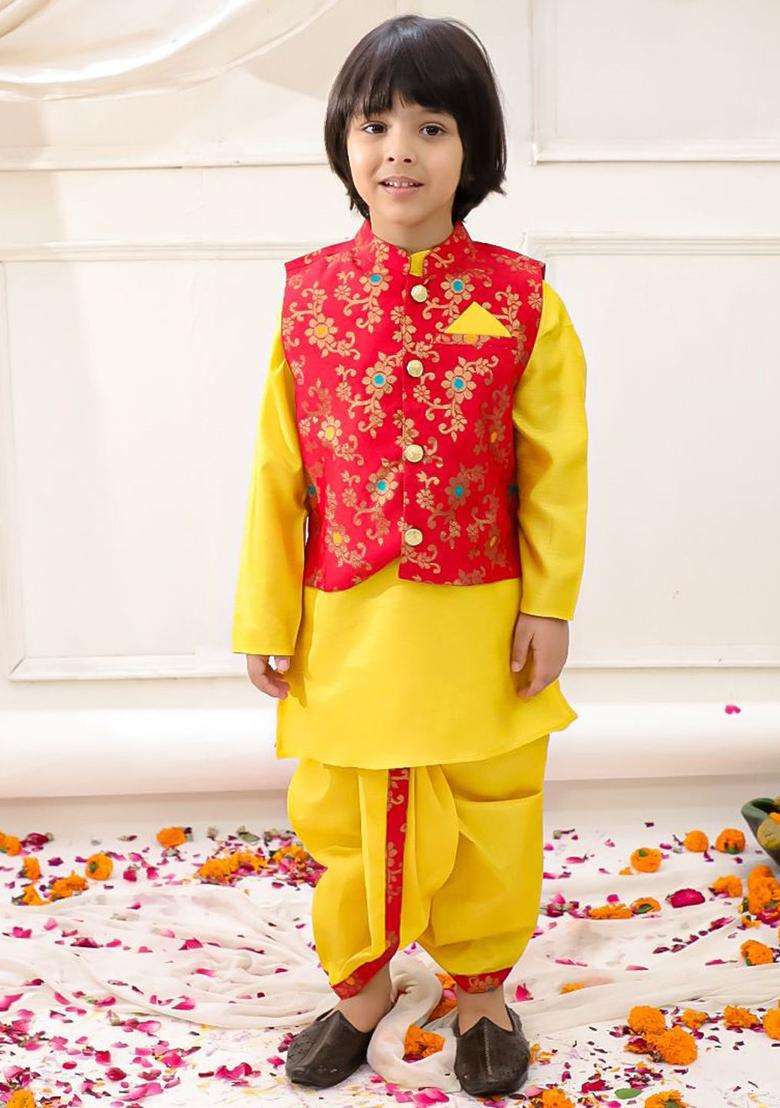 Red Solid Silk Kurta Set For Boys - Indya
