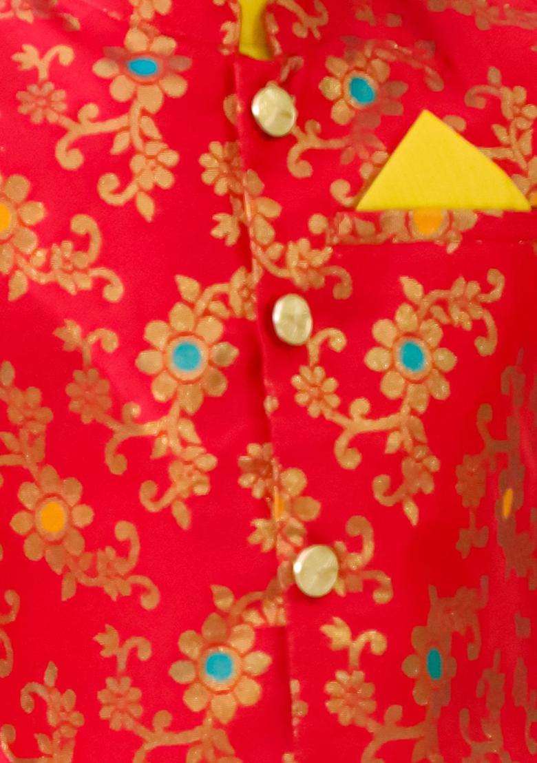 Red Solid Silk Kurta Set For Boys - Indya