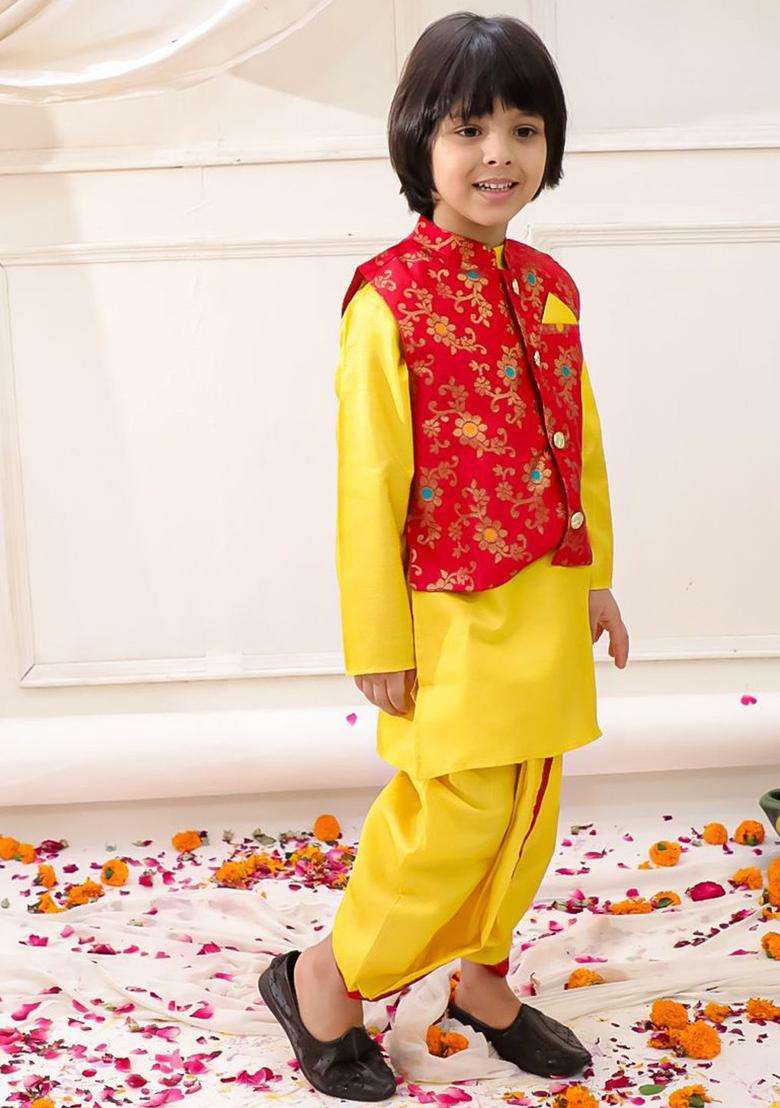 Red Solid Silk Kurta Set For Boys - Indya