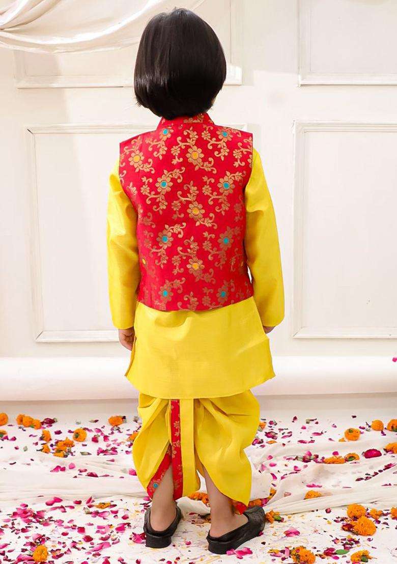Red Solid Silk Kurta Set For Boys - Indya