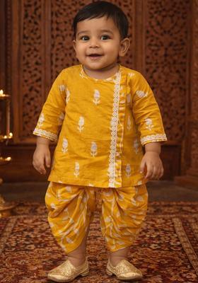 Yellow Printed Cotton Kurta Set For Boys