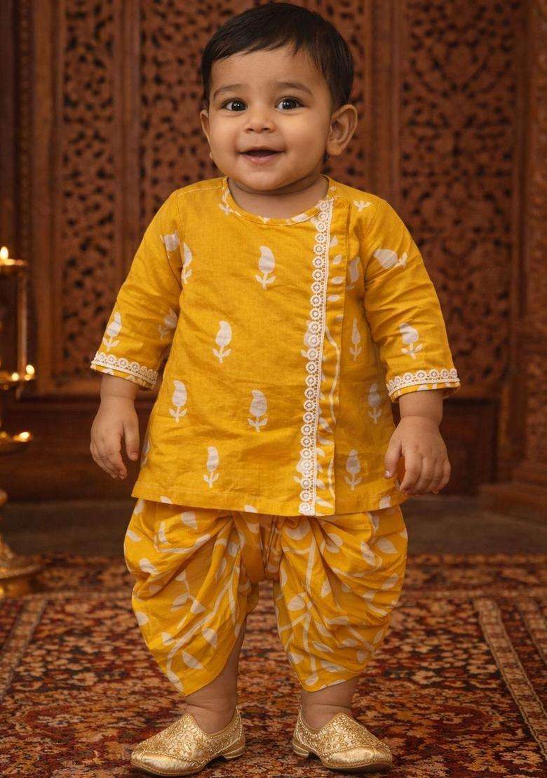 Yellow Printed Cotton Kurta Set For Boys - Indya