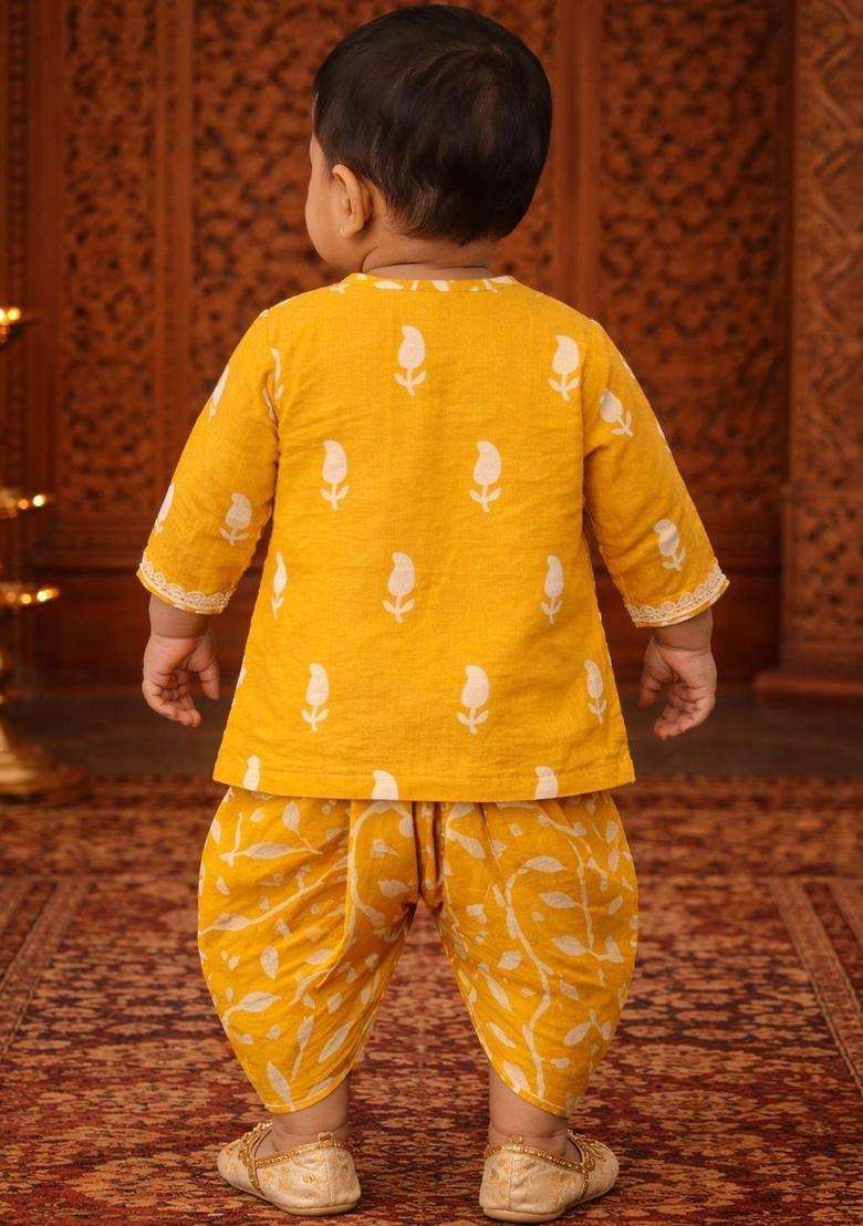 Yellow Printed Cotton Kurta Set For Boys - Indya
