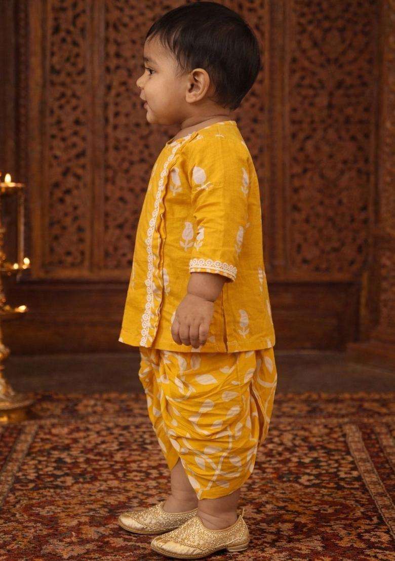 Yellow Printed Cotton Kurta Set For Boys - Indya