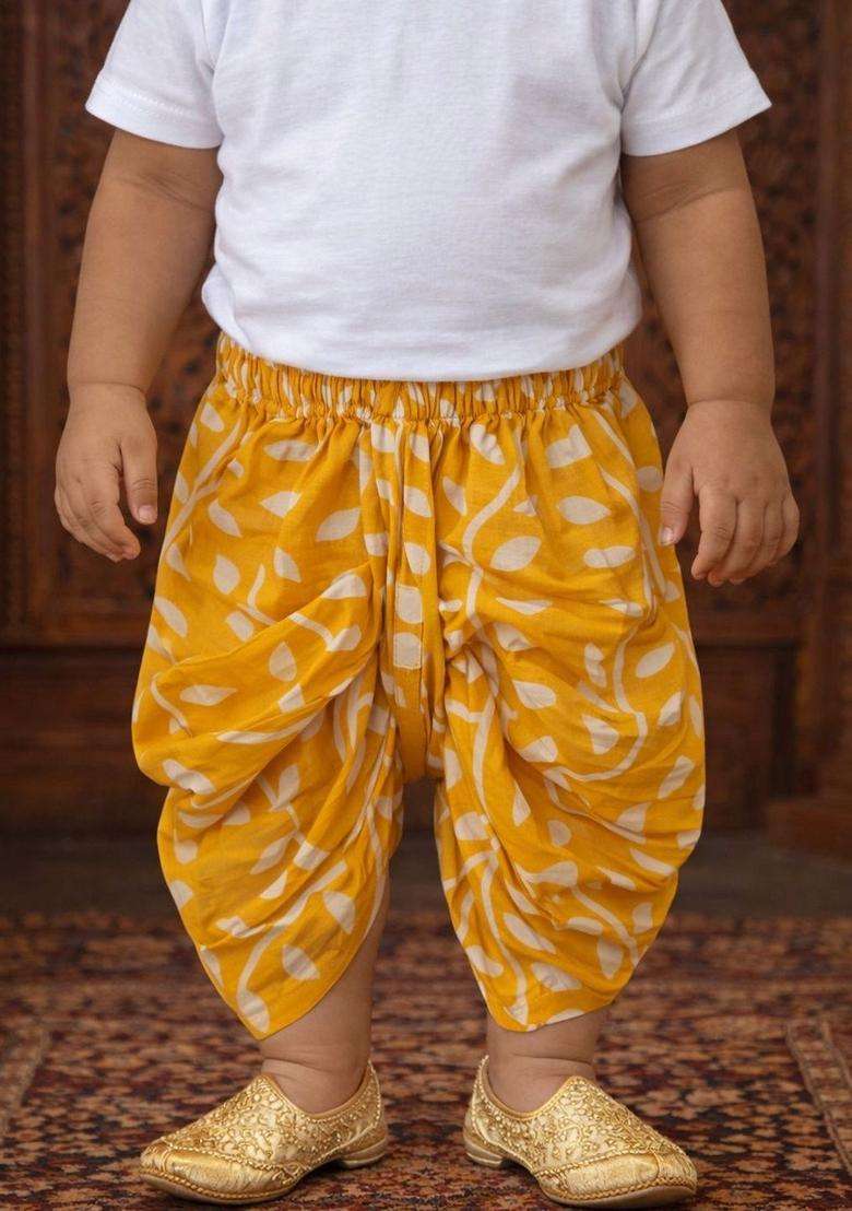 Yellow Printed Cotton Kurta Set For Boys - Indya