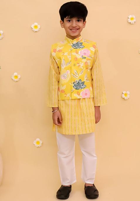 Yellow Striped Cotton Kurta Set For Boys — view on Indya