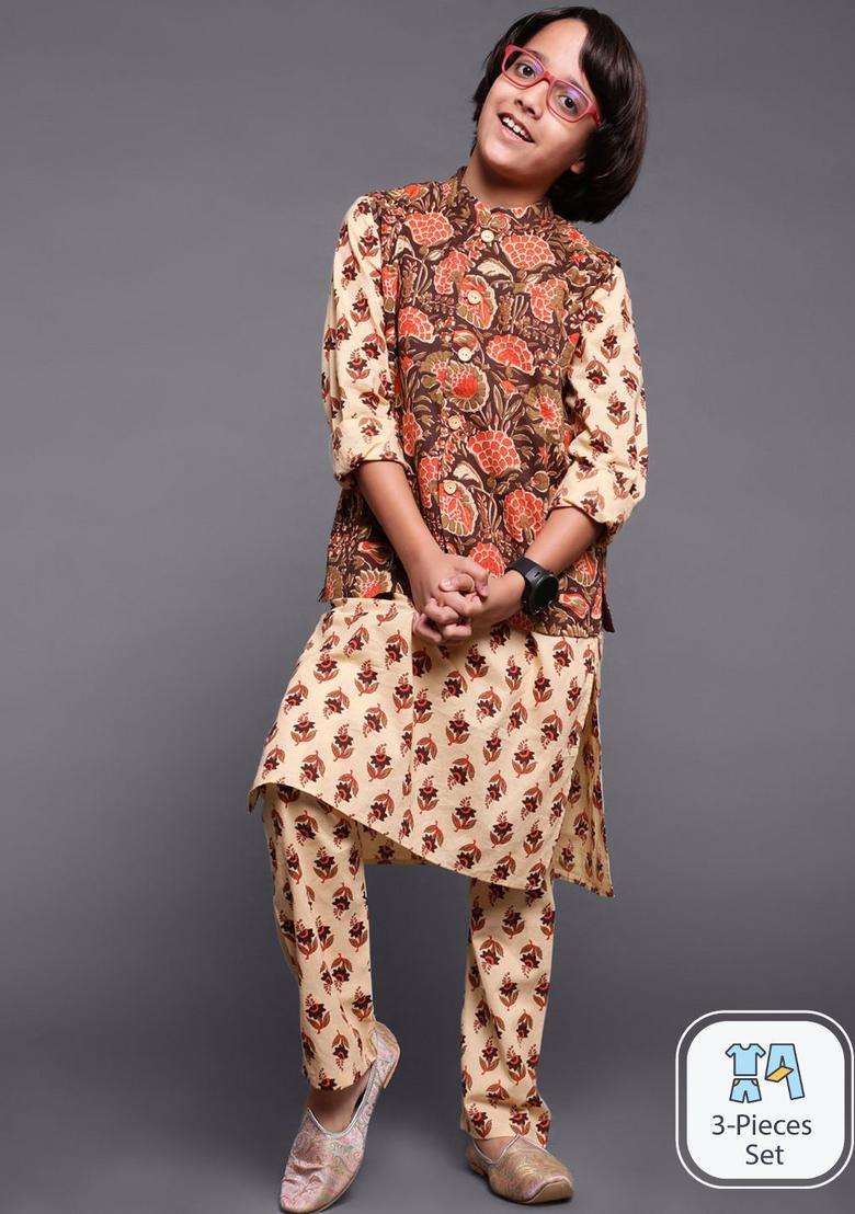 Brown Printed Cotton Kurta Set For Boys - Indya