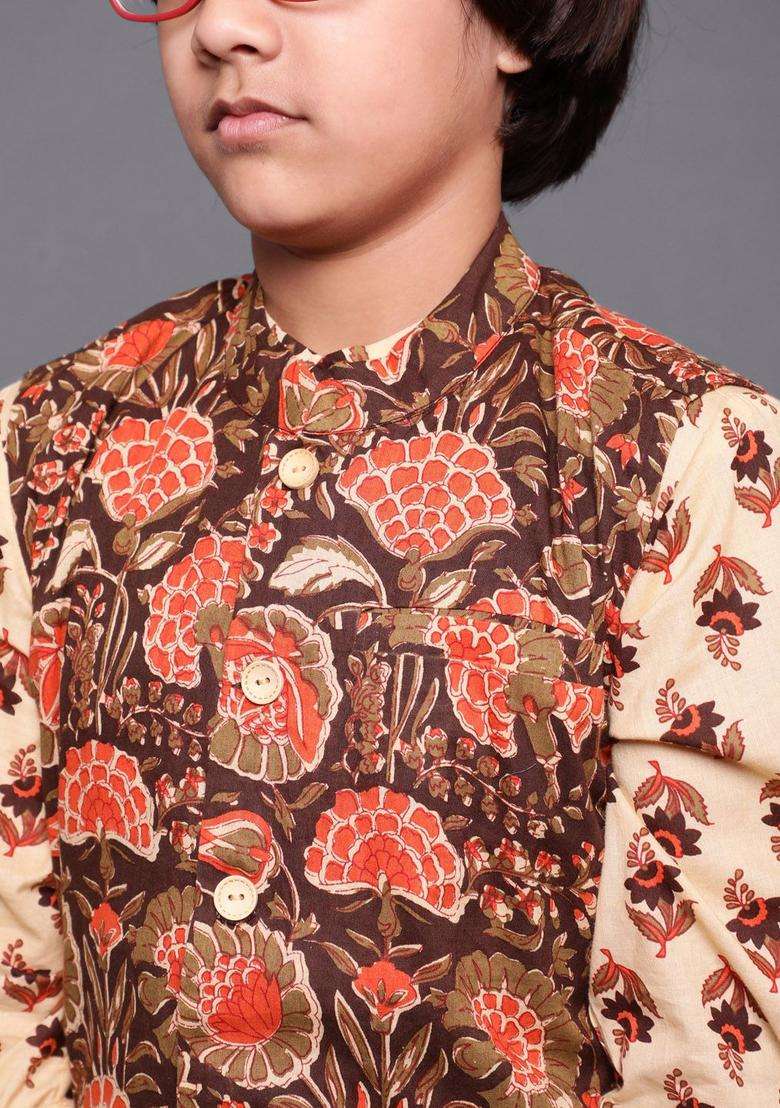 Brown Printed Cotton Kurta Set For Boys - Indya