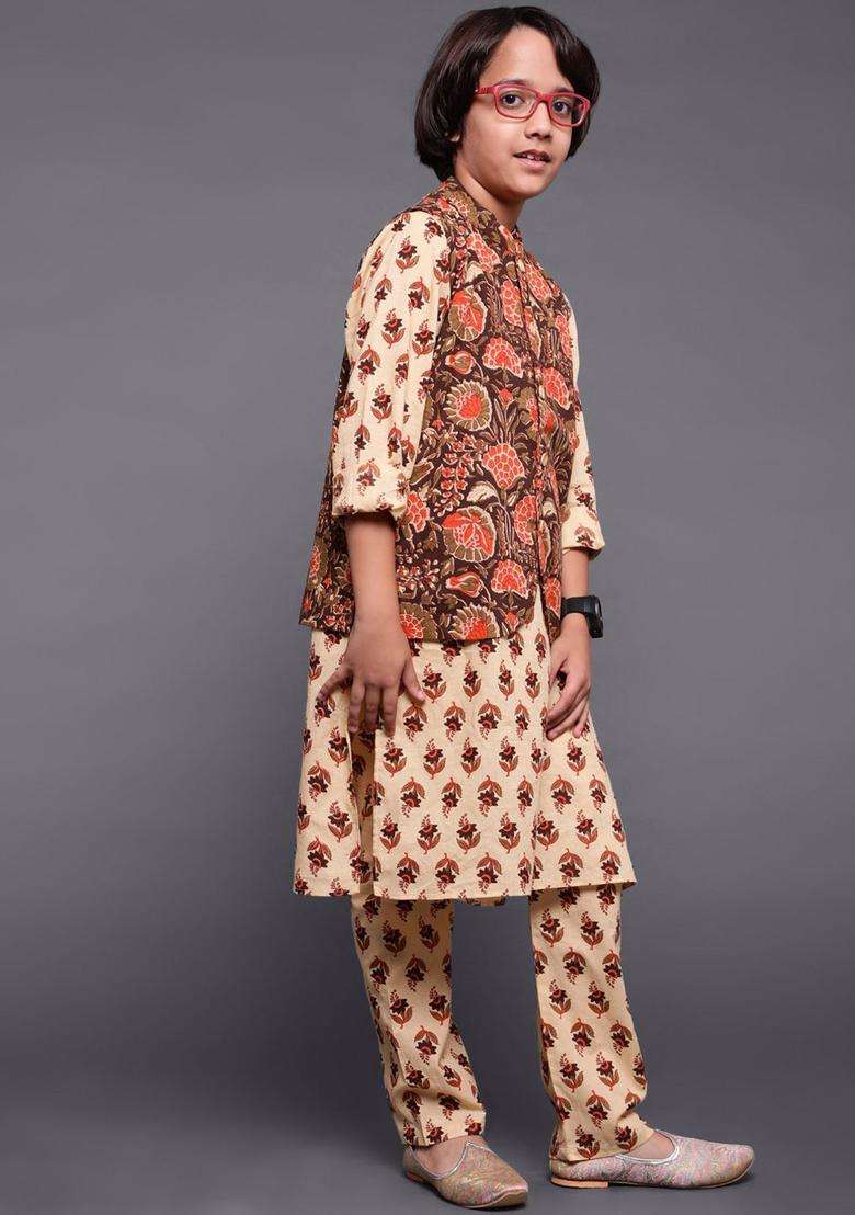 Brown Printed Cotton Kurta Set For Boys - Indya